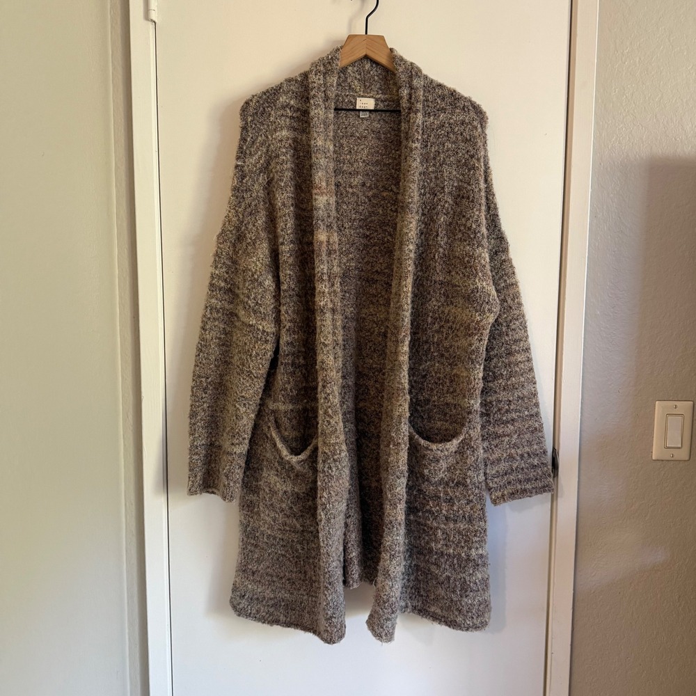 Womens Brown Boucle Open Front Cardigan Sweater Cozy Winter Grandmacore